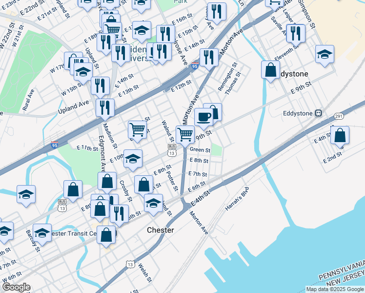 map of restaurants, bars, coffee shops, grocery stores, and more near 547 9th Street in Chester