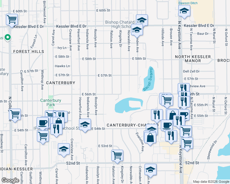 map of restaurants, bars, coffee shops, grocery stores, and more near 5601 Ralston Avenue in Indianapolis