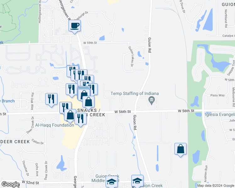 map of restaurants, bars, coffee shops, grocery stores, and more near 4508 Brookmeadow Drive in Indianapolis