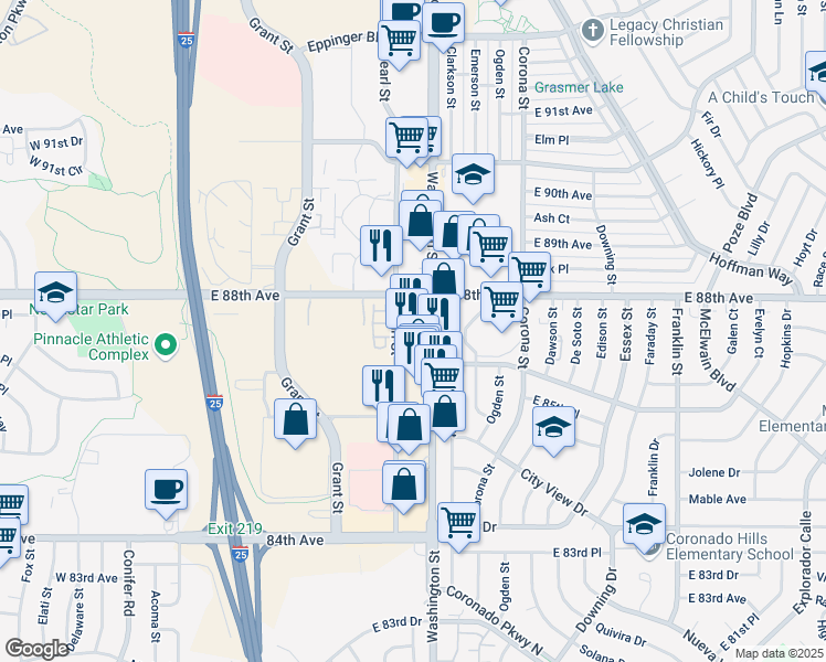map of restaurants, bars, coffee shops, grocery stores, and more near 8775 Washington Street in Thornton