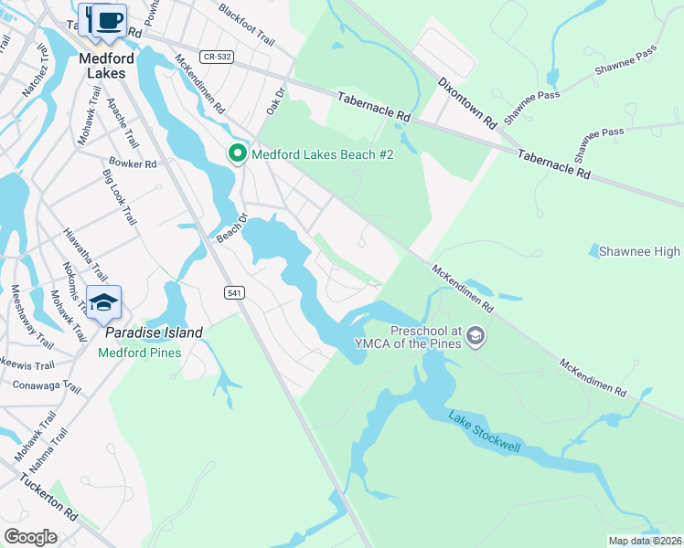 map of restaurants, bars, coffee shops, grocery stores, and more near 29 Shinnecock Trail in Medford