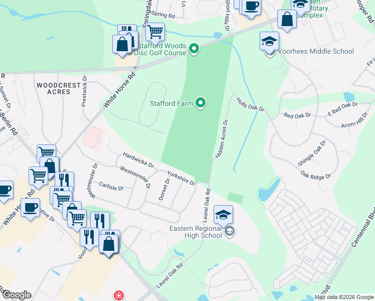 map of restaurants, bars, coffee shops, grocery stores, and more near Stafford Farm DGC Hole 5 in Voorhees Township
