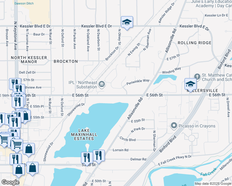 map of restaurants, bars, coffee shops, grocery stores, and more near 3440 East 56th Street in Indianapolis