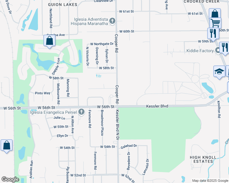 map of restaurants, bars, coffee shops, grocery stores, and more near 5660 Cooper Road in Indianapolis