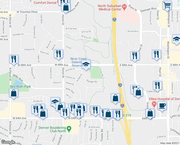 map of restaurants, bars, coffee shops, grocery stores, and more near 8740 Northstar Dr in Thornton