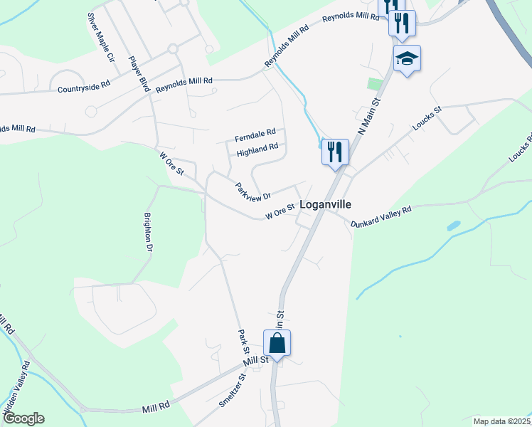 map of restaurants, bars, coffee shops, grocery stores, and more near 225 West Ore Street in Seven Valleys