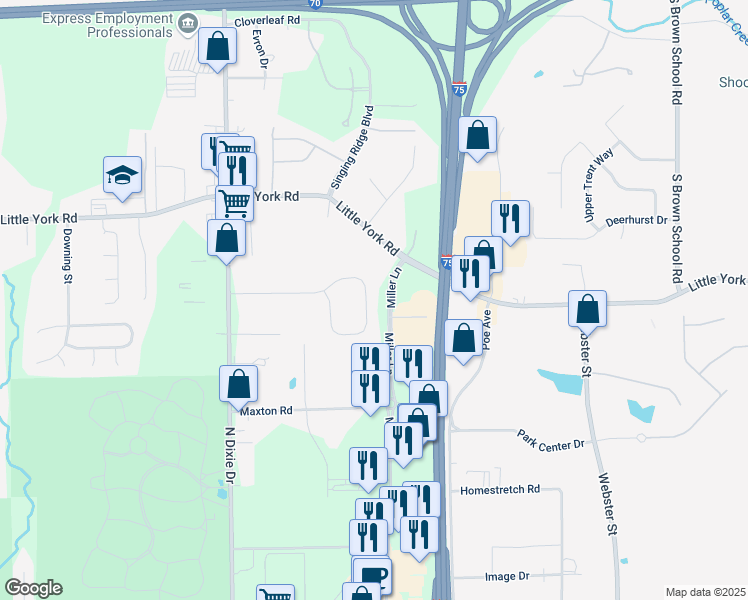 map of restaurants, bars, coffee shops, grocery stores, and more near 3907 Reinwood Drive in Dayton