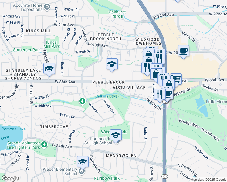 map of restaurants, bars, coffee shops, grocery stores, and more near 8310 West 87th Drive in Arvada