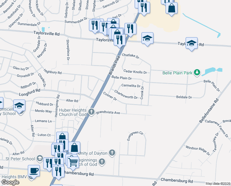 map of restaurants, bars, coffee shops, grocery stores, and more near 7212 Charlesworth Drive in Dayton