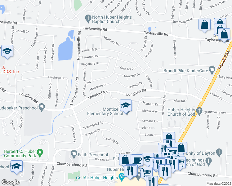 map of restaurants, bars, coffee shops, grocery stores, and more near 6314 Longford Road in Dayton