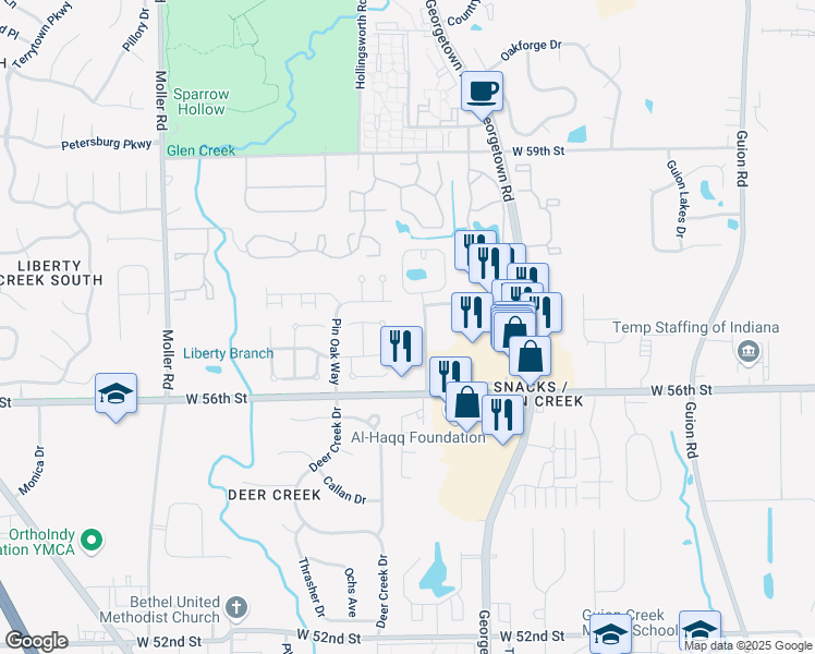 map of restaurants, bars, coffee shops, grocery stores, and more near 5670 Eden Village Drive in Indianapolis