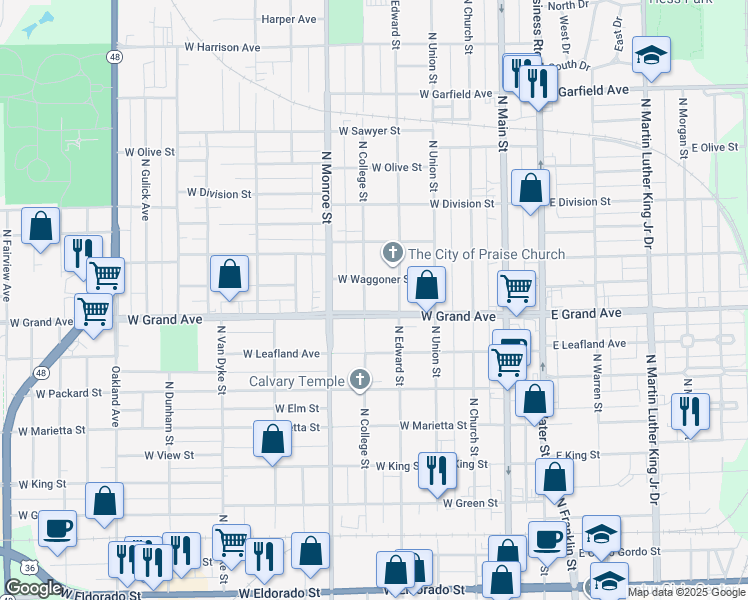 map of restaurants, bars, coffee shops, grocery stores, and more near 1300-1398 N College St in Decatur