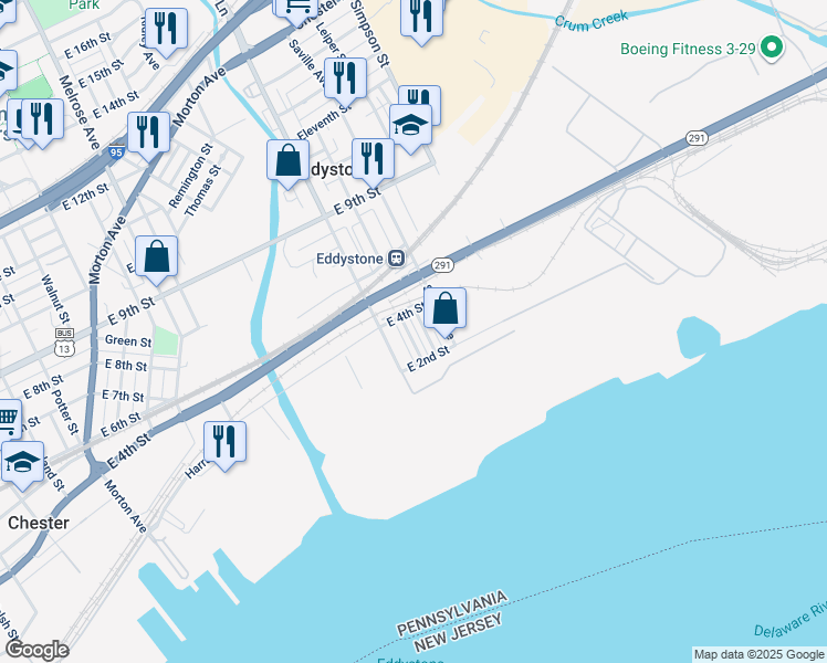 map of restaurants, bars, coffee shops, grocery stores, and more near 249 Lexington Avenue in Eddystone