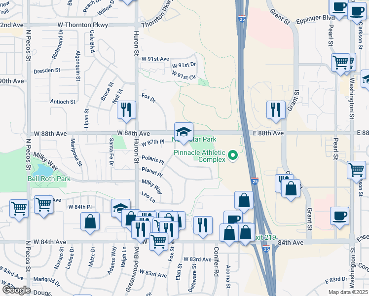 map of restaurants, bars, coffee shops, grocery stores, and more near 8740 North Star Drive in Thornton
