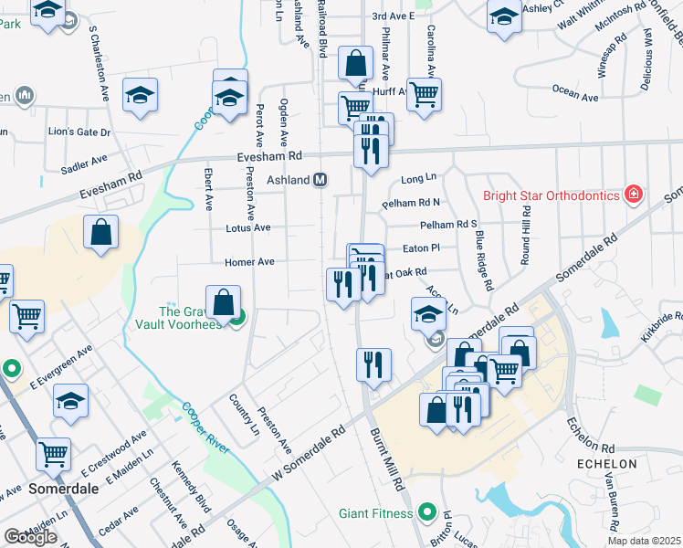map of restaurants, bars, coffee shops, grocery stores, and more near 0 Voorhees Drive in Voorhees Township