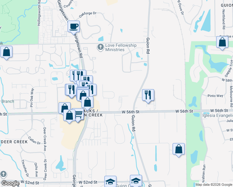 map of restaurants, bars, coffee shops, grocery stores, and more near 4508 Brookmeadow Drive in Indianapolis