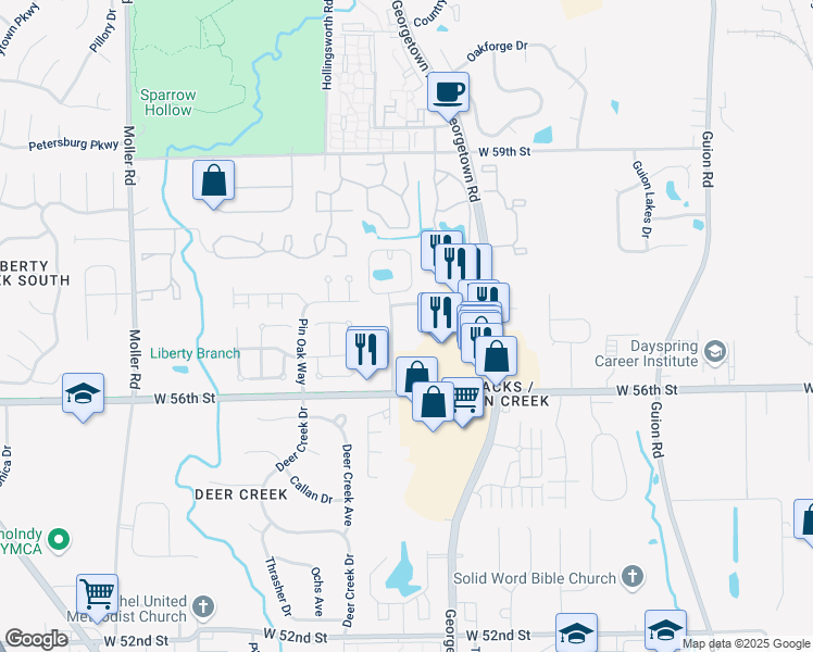 map of restaurants, bars, coffee shops, grocery stores, and more near 5670 Eden Village Drive in Indianapolis