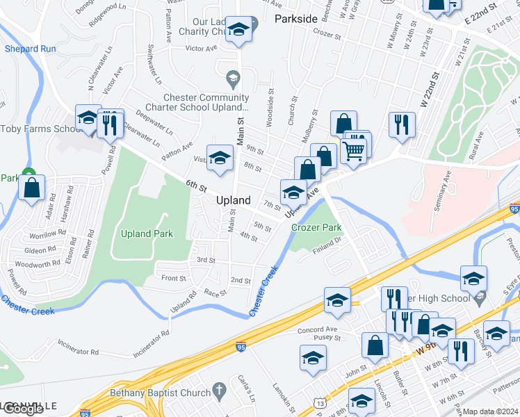 map of restaurants, bars, coffee shops, grocery stores, and more near 21 6th Street in Brookhaven