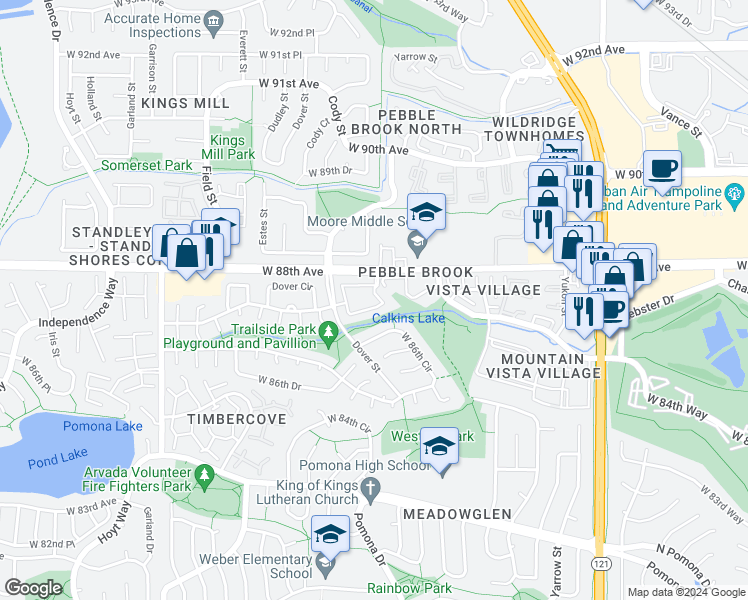 map of restaurants, bars, coffee shops, grocery stores, and more near 8617 Carr Loop in Westminster