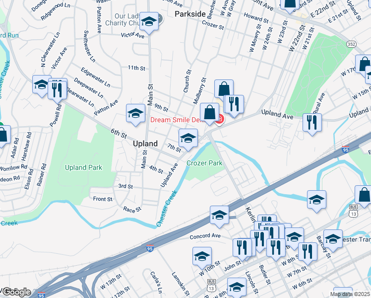 map of restaurants, bars, coffee shops, grocery stores, and more near 62 Upland Avenue in Brookhaven