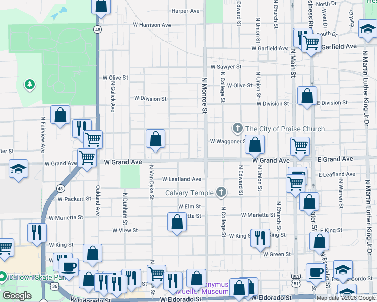 map of restaurants, bars, coffee shops, grocery stores, and more near 1316 North Huron Street in Decatur