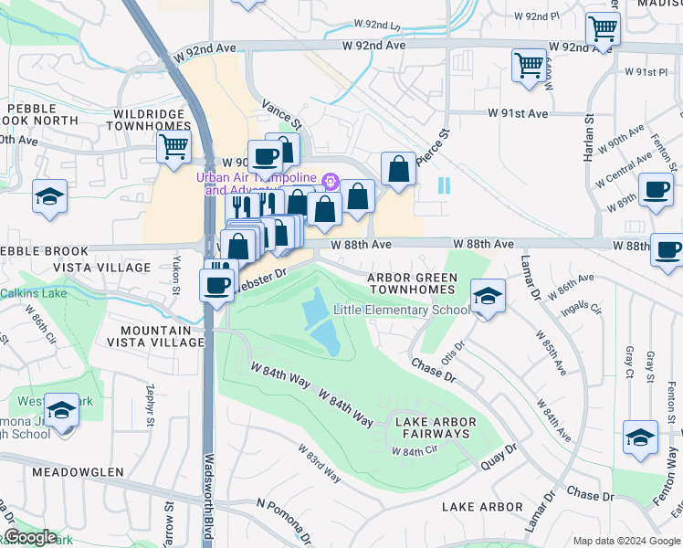 map of restaurants, bars, coffee shops, grocery stores, and more near 8783 Chase Drive in Arvada