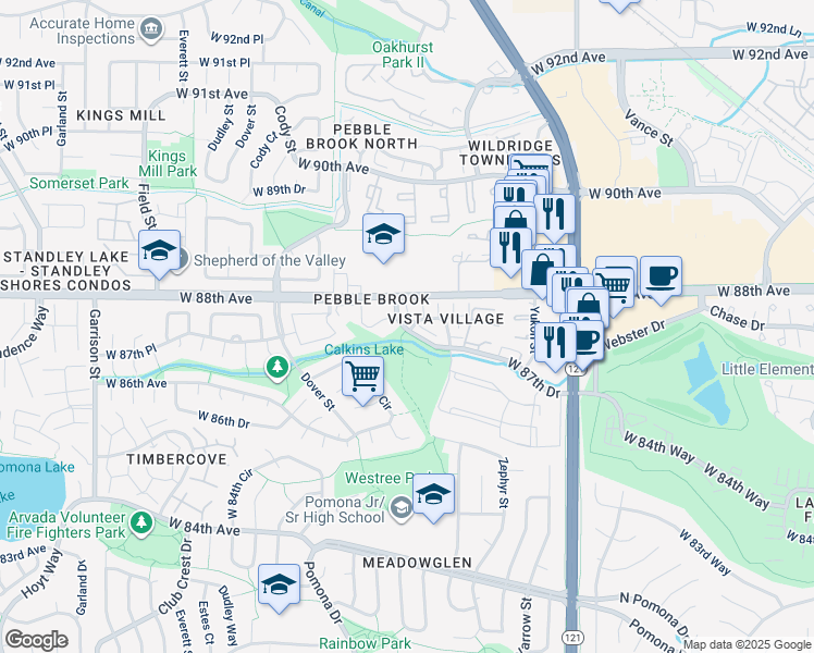 map of restaurants, bars, coffee shops, grocery stores, and more near 8310 West 87th Drive in Arvada