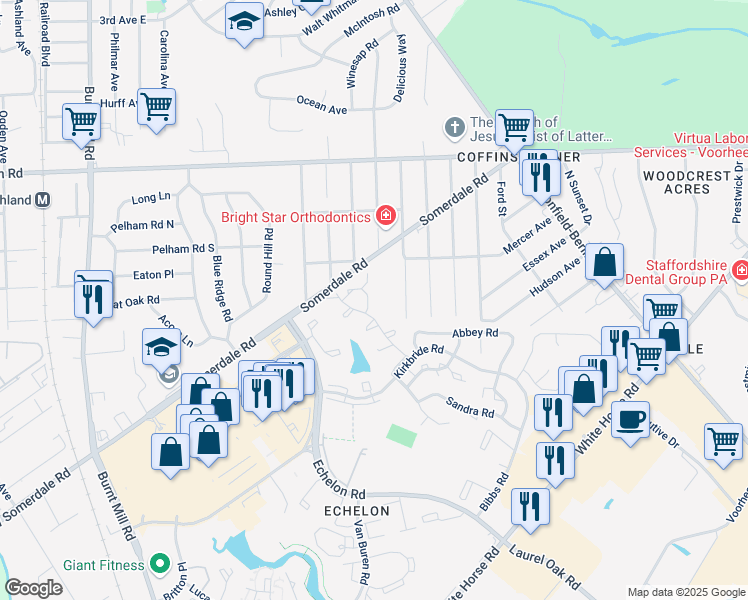 map of restaurants, bars, coffee shops, grocery stores, and more near 1087 Pendleton Court in Voorhees Township