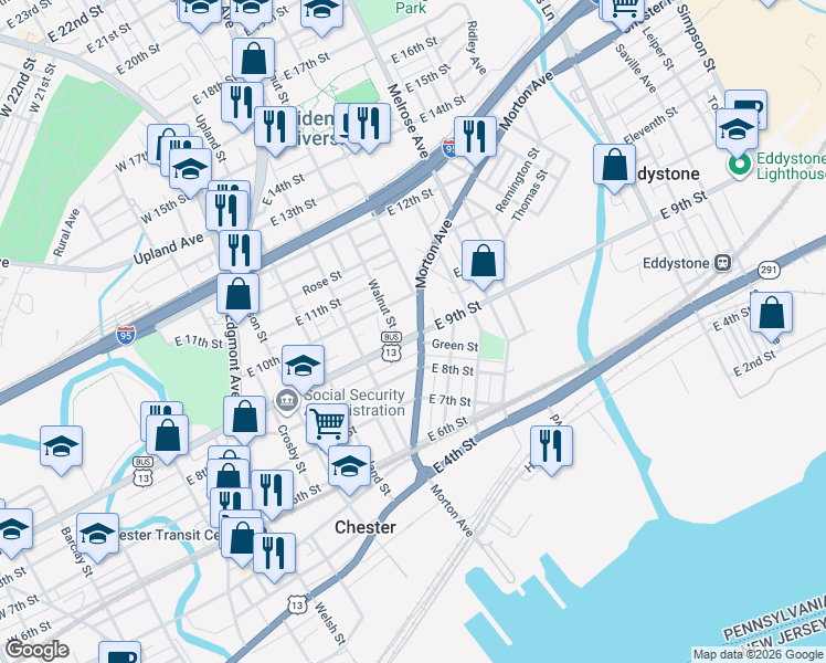 map of restaurants, bars, coffee shops, grocery stores, and more near 547 9th Street in Chester