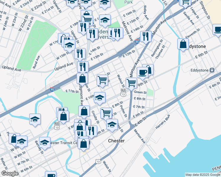 map of restaurants, bars, coffee shops, grocery stores, and more near 415 East 10th Street in Chester