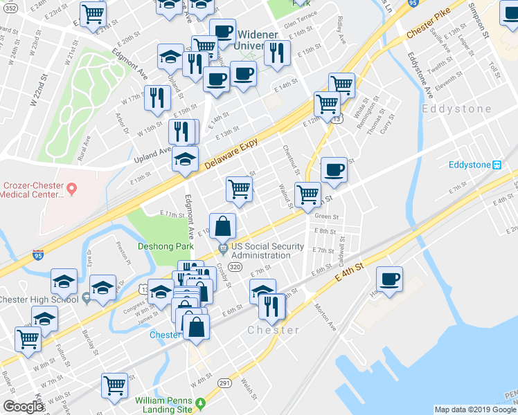 map of restaurants, bars, coffee shops, grocery stores, and more near 415 East 10th Street in Chester