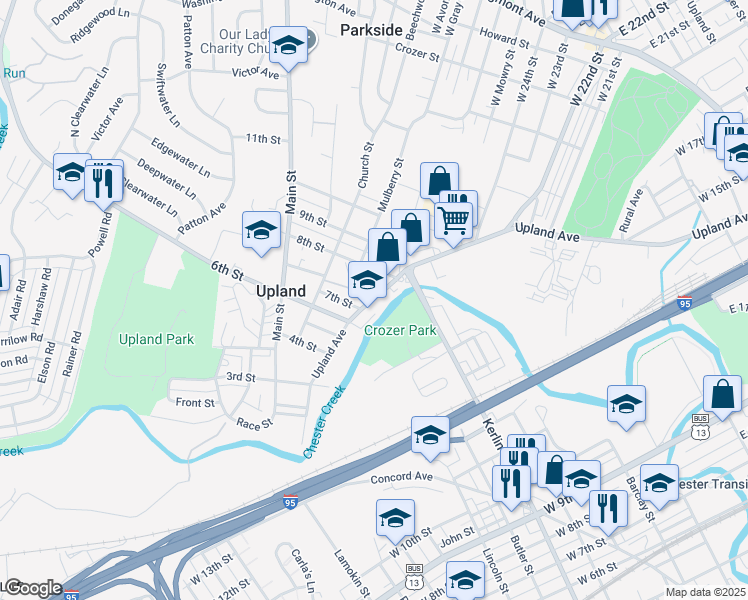 map of restaurants, bars, coffee shops, grocery stores, and more near 601 Upland Avenue in Upland