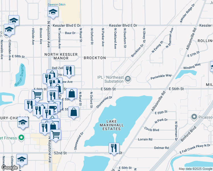 map of restaurants, bars, coffee shops, grocery stores, and more near 2951 East 56th Street in Indianapolis
