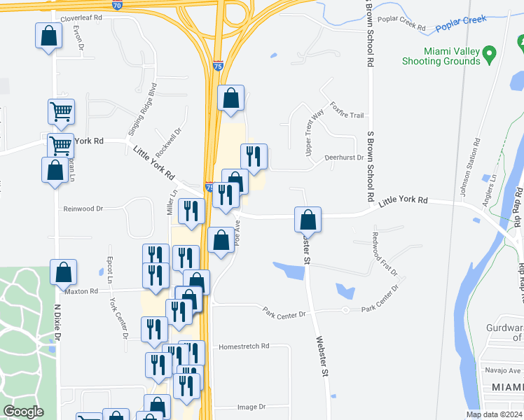 map of restaurants, bars, coffee shops, grocery stores, and more near 4177 Little York Road in Dayton
