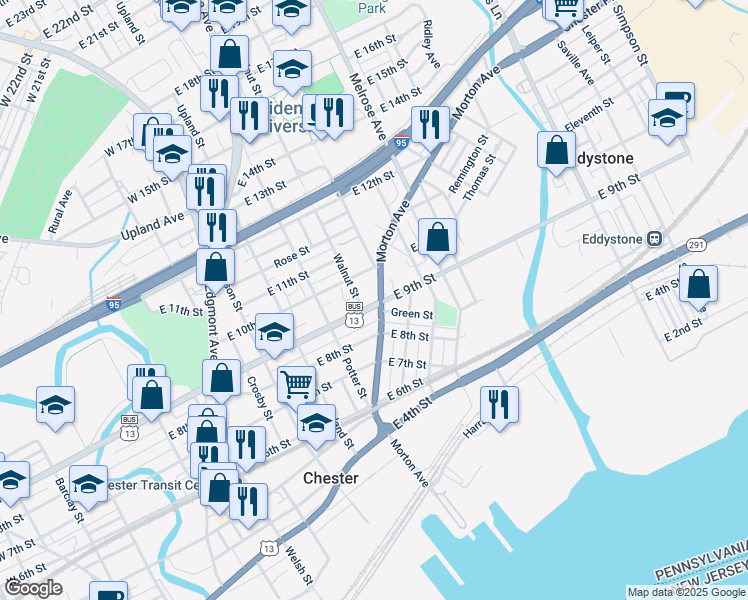 map of restaurants, bars, coffee shops, grocery stores, and more near 547 9th Street in Chester