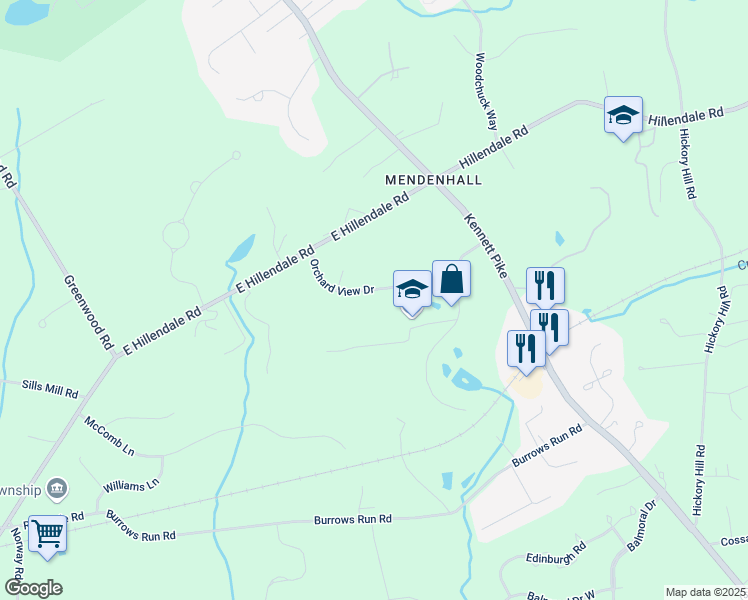 map of restaurants, bars, coffee shops, grocery stores, and more near 17 Orchard View Drive in Chadds Ford