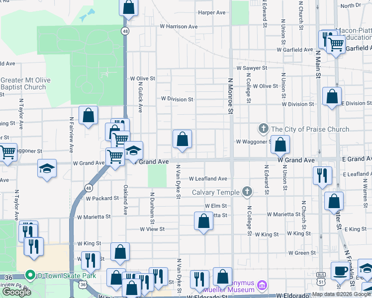 map of restaurants, bars, coffee shops, grocery stores, and more near 876 W Grand Ave in Decatur