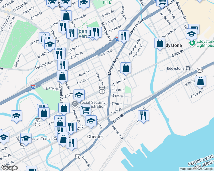 map of restaurants, bars, coffee shops, grocery stores, and more near 608 East 9th Street in Chester