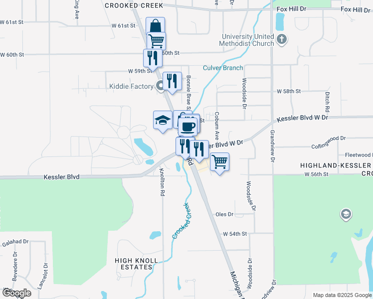 map of restaurants, bars, coffee shops, grocery stores, and more near Michigan Rd & Kessler Blvd W Dr in Indianapolis