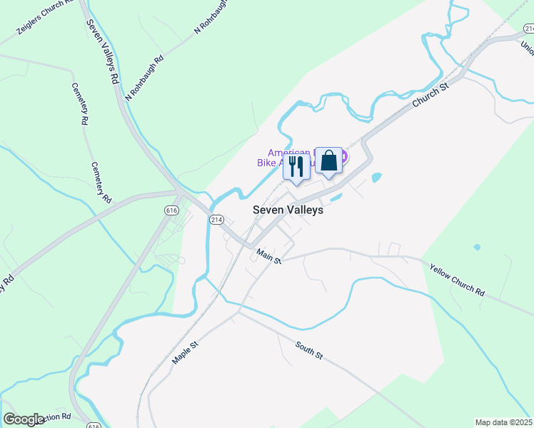 map of restaurants, bars, coffee shops, grocery stores, and more near 24 Cherry Street in Seven Valleys