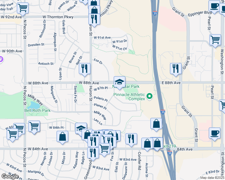 map of restaurants, bars, coffee shops, grocery stores, and more near 652 Galaxy Circle in Thornton