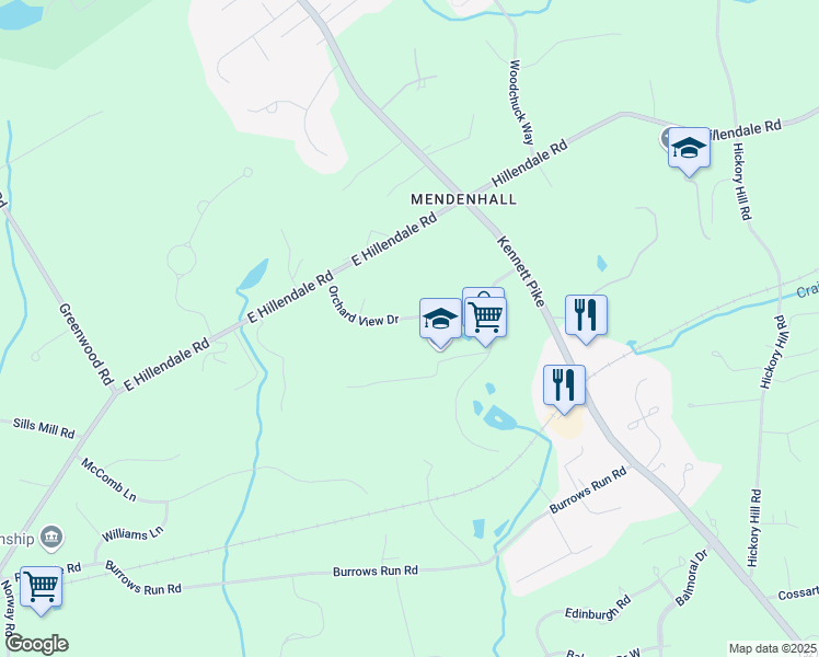 map of restaurants, bars, coffee shops, grocery stores, and more near 17 Orchard View Drive in Chadds Ford