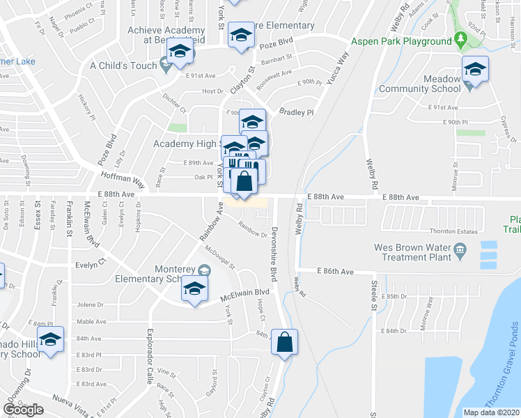 map of restaurants, bars, coffee shops, grocery stores, and more near 2630 Devonshire Court in Thornton