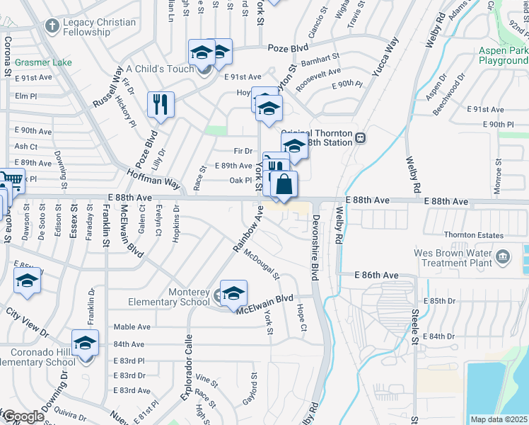map of restaurants, bars, coffee shops, grocery stores, and more near 8720 Cheryl Drive in Denver