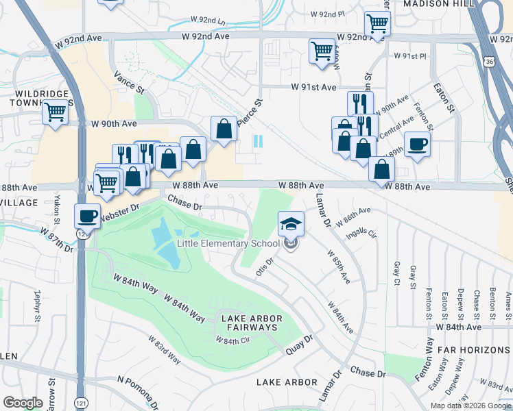 map of restaurants, bars, coffee shops, grocery stores, and more near 8752 Pierce Way in Arvada