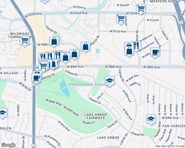 map of restaurants, bars, coffee shops, grocery stores, and more near 8749 Chase Drive in Arvada
