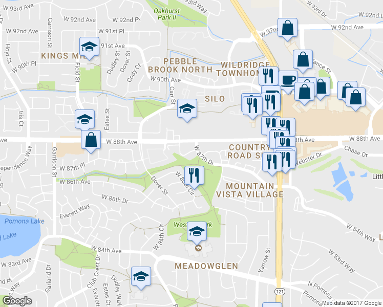 map of restaurants, bars, coffee shops, grocery stores, and more near 8310 West 87th Drive in Arvada