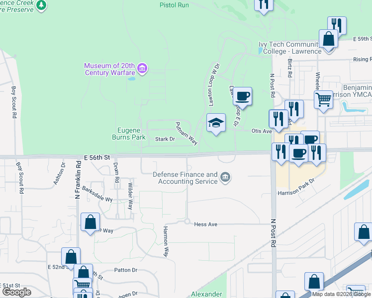 map of restaurants, bars, coffee shops, grocery stores, and more near 8534 East 56th Street in Indianapolis