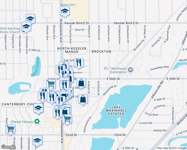 map of restaurants, bars, coffee shops, grocery stores, and more near 2825 East 56th Street in Indianapolis