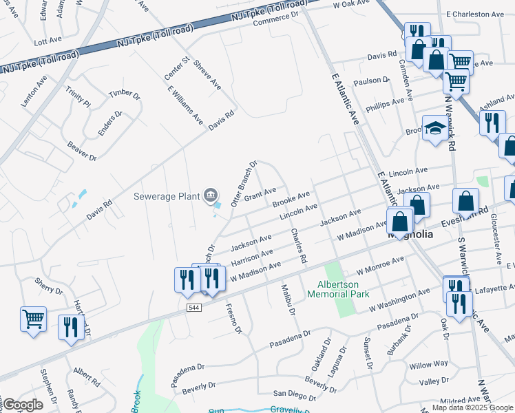 map of restaurants, bars, coffee shops, grocery stores, and more near 613 Lincoln Avenue in Magnolia